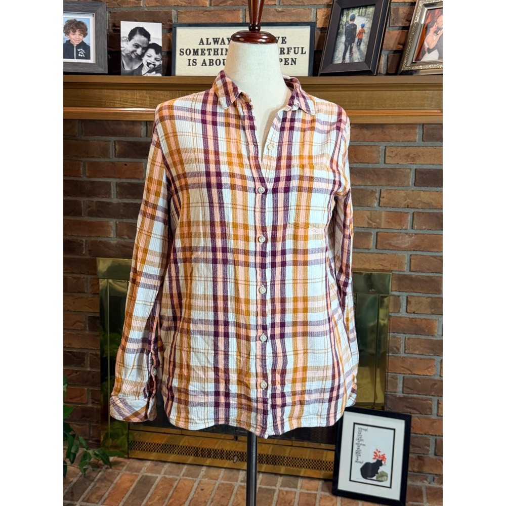 Sonoma Plaid Button Down Shirt Womens Medium Orange Purple Relaxed Fit
